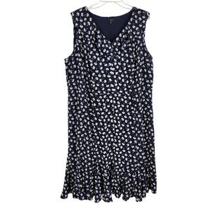Talbots 18W Navy Floral Fit Flare Midi Dress Sleeveless Ruffle Hem Chiffon